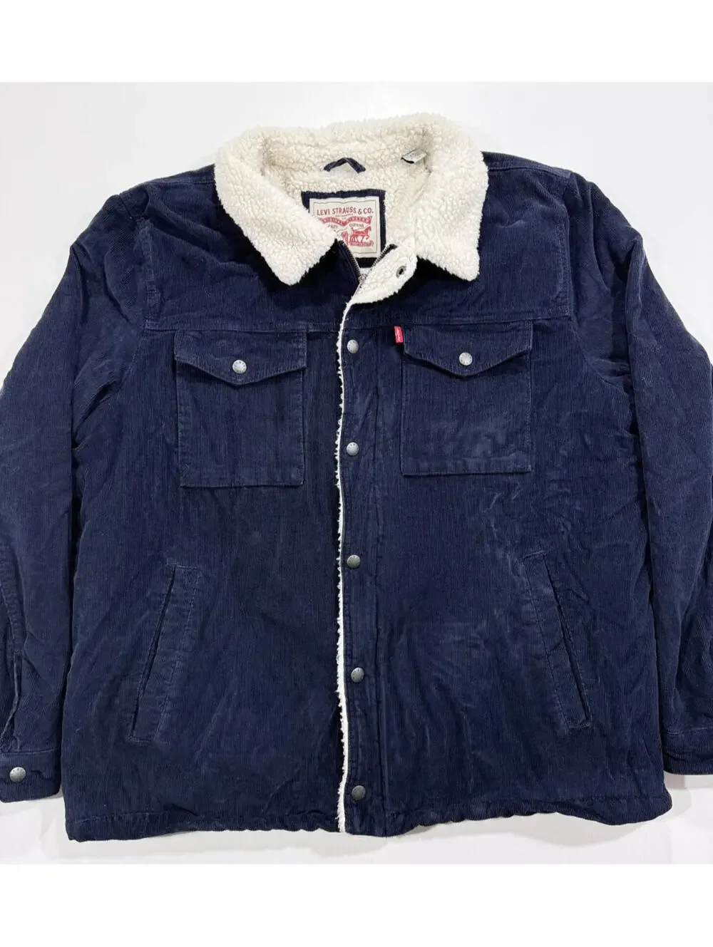 Levi’s Sherpa Trucker Jacket Mens XL Navy Corduroy Fleece Lined Snap Zip